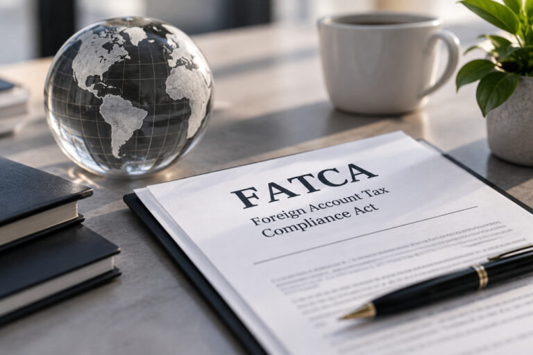 FATCA, Foreign Account Tax Compliance Act document on a desk with a globe