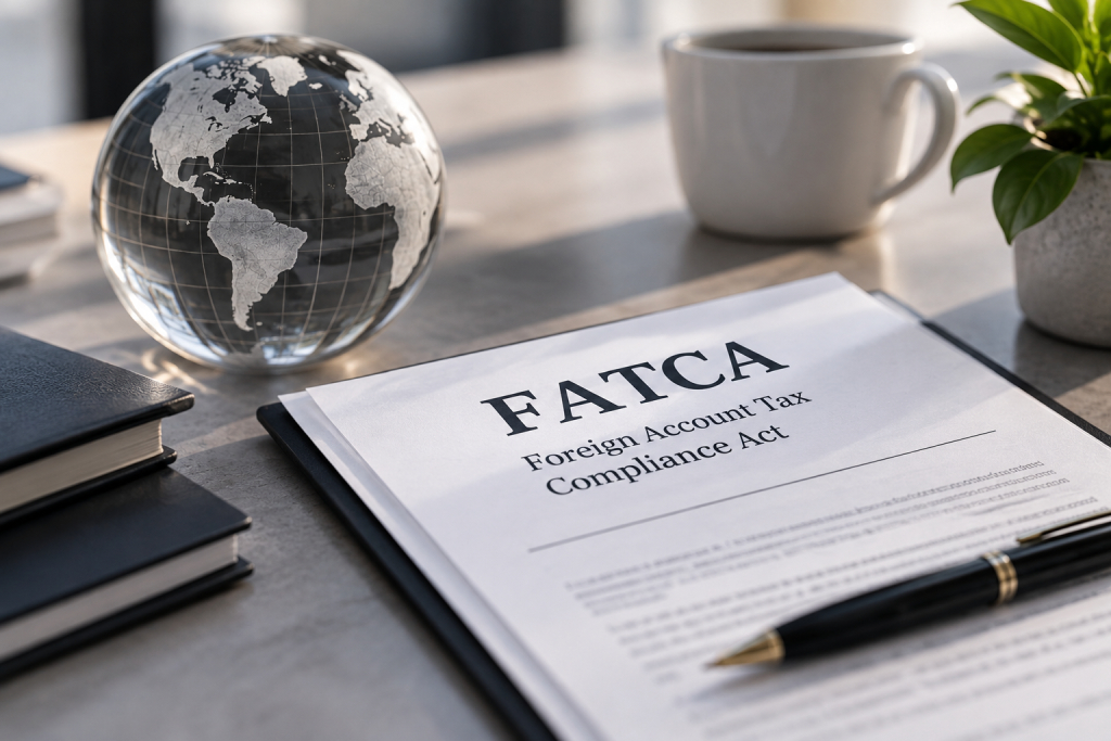 FATCA, Foreign Account Tax Compliance Act document on a desk with a globe
